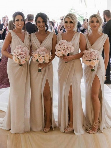 Chiffon Long Champagne Bridesmaid Dresses with Sexy High Slit and Front Ruffles for Sale