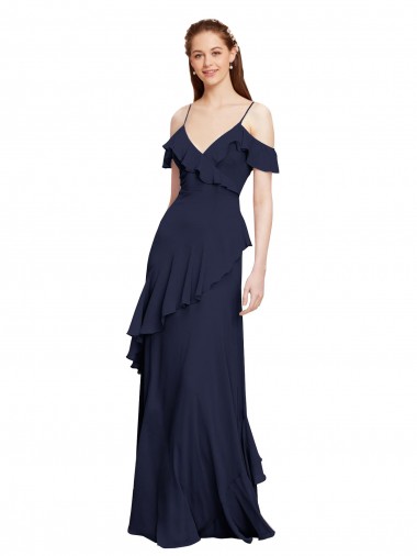 Cascading Ruffles Long Chiffon Bridesmaid Dress with Cold Shoulder for Sale