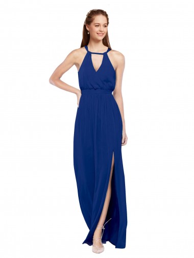 High Keyhole Neck Long Chiffon Bridesmaid Dress with Slit for Sale