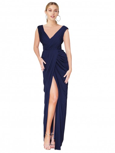 Draped V-Neck Long Chiffon Bridesmaid Dress / Formal Prom Dress with Front Slit for Sale