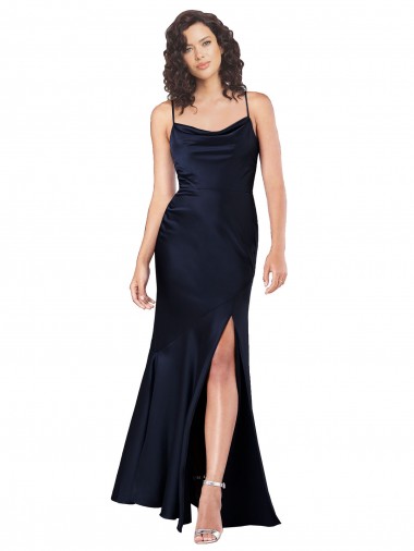 Draped Cowl Neck Formal Silky Satin Bridesmaid Dress / Prom Dress with Skirt Slit for Sale