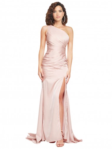 Full Length One Shoulder Long Formal Silky Satin Bridesmaid Dress / Prom Dress with High Split for Sale