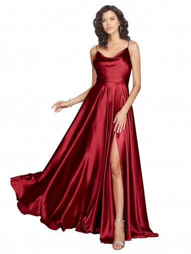 Cowl Neckline Long Formal Silky Satin Bridesmaid Dress / Prom Dress with Spaghetti Straps for Sale