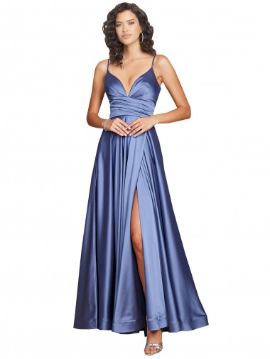 Deep V-Neck Sweetheart Long Formal Silky Satin Bridesmaid Dress / Prom Dress with Thigh High Slit for Sale