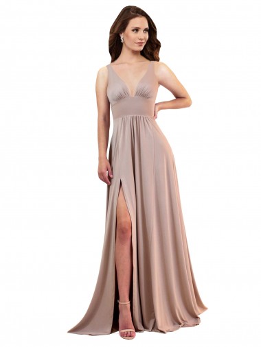 Long A-Line Plunge V-Neckline Formal Spandex Bridesmaid Dress / Prom Dress with Slit for Sale