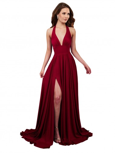 A-Line Halter Plunge V-Neckline Open Back Formal Spandex Bridesmaid Dress / Prom Dress with Slit for Sale