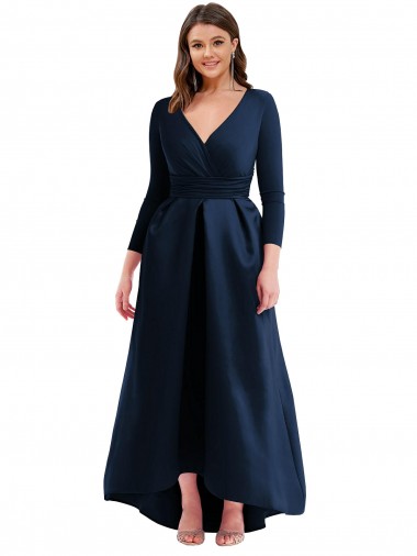 Long Sleeves Wrapped Formal Spandex Bridesmaid Dress / Prom Dress with High Low Full Skirt and Pockets for Sale