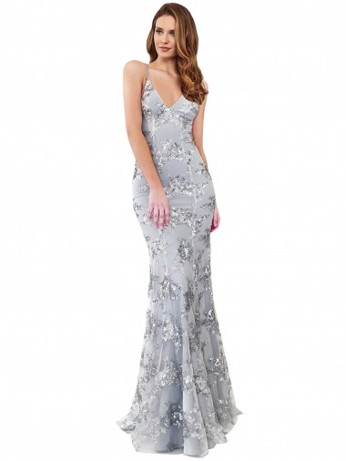 Silver V-Neckline Backless Floral Patterned Sequin Formal Bridesmaid Dress / Prom Dress for Sale