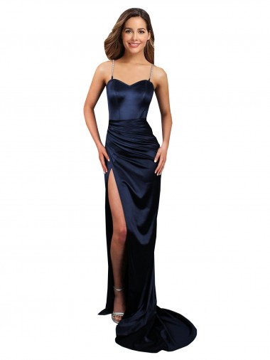 Pleated Sash Skirt Long Formal Stretch Satin Bridesmaid Dress / Prom Dress with High Slit for Sale