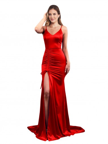 Long Pleated Formal Stretch Satin Bridesmaid Dress / Prom Dress with High Slit for Sale