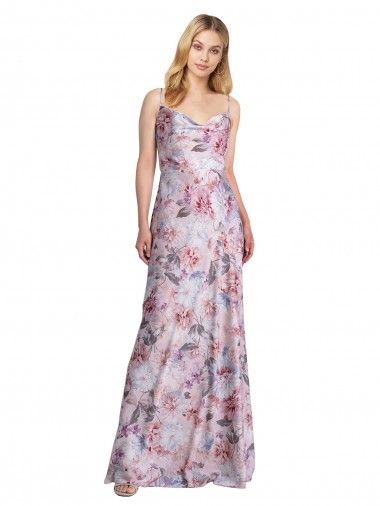 Draped Cowl Neck Long Printed Formal Stretch Satin Bridesmaid Dress for Sale