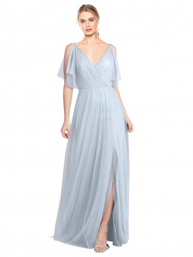 Floor Length Flutter Sleeves Long Tulle Bridesmaid Dress with Side Slit for Sale