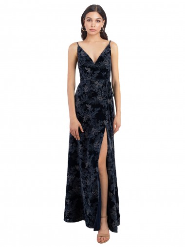 Floral Velvet Surplice V-Neck Long Bridesmaid Dress with V-Back for Sale