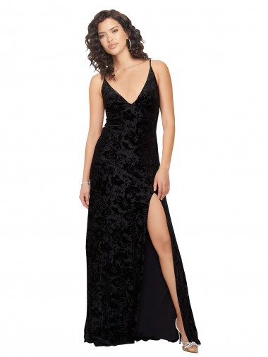 V-Neck Cowl Back Floral Velvet Bridesmaid Dress with Front Slit and Deep V-Neck for Sale